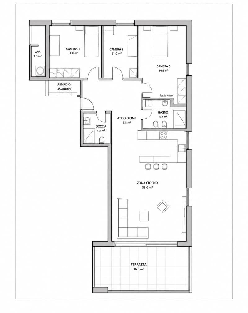 Layout includes three bedrooms, two bathrooms, living area, kitchen, and a terrace.