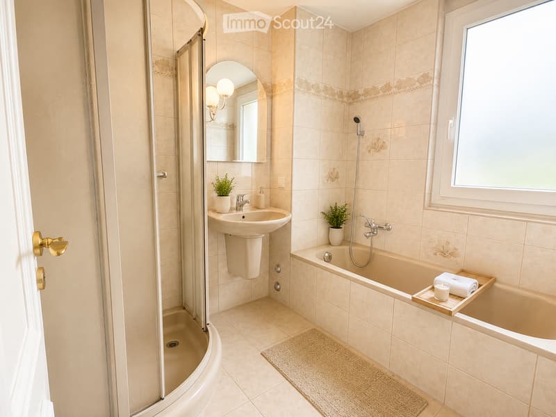 Elegant bathroom with beige tiles, a bathtub, a shower, a sink, a mirror, and decorative plants.