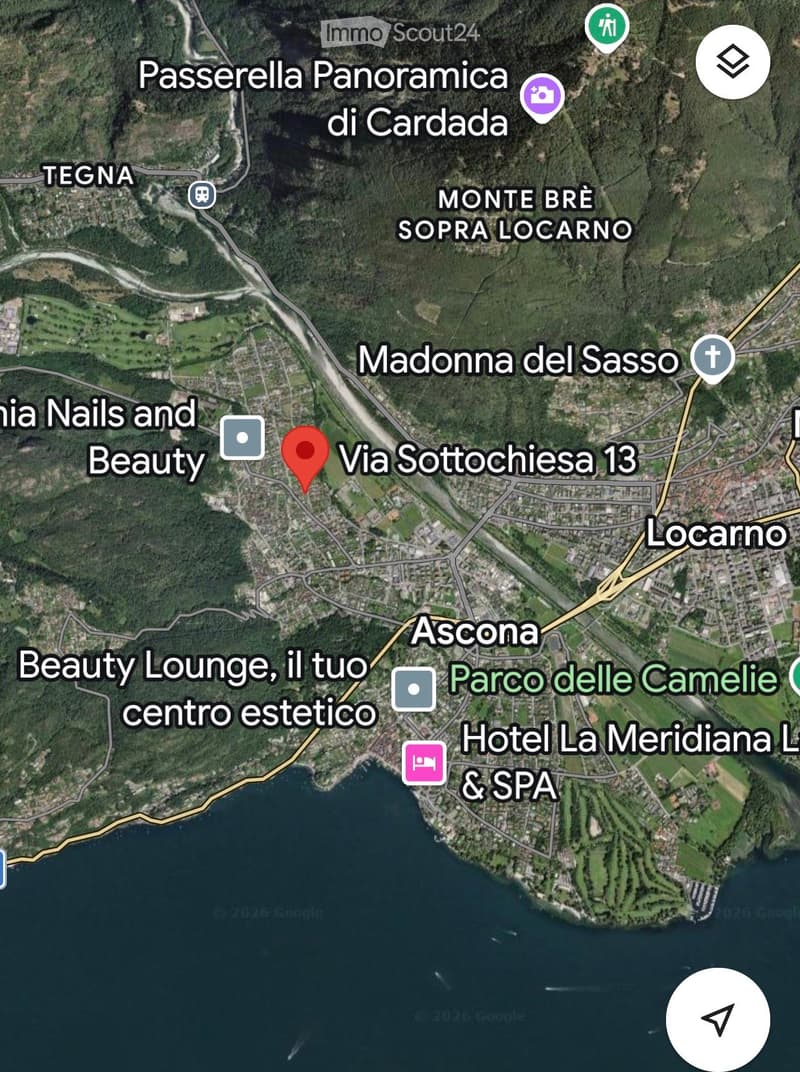 Map showing the location of Via Sottochiesa 13 in Locarno, Switzerland, with surrounding landmarks and roads.