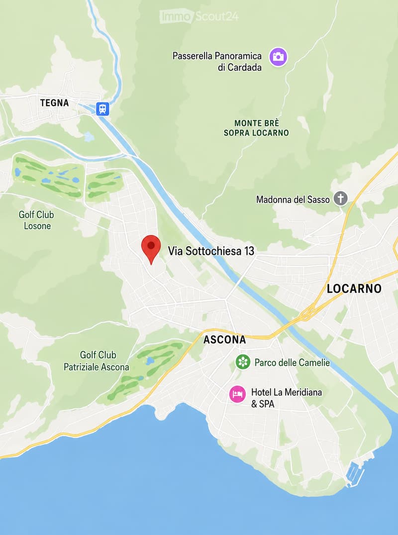 Map showing the location of Via Sottochiesa 13 in Ascona, Switzerland, with nearby landmarks such as Golf Club Losone, Madonna del Sasso, and Hotel La Meridiana & SPA.