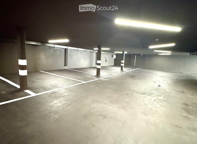Building. Empty underground parking lot with marked parking spaces, concrete pillars, and fluorescent lighting.