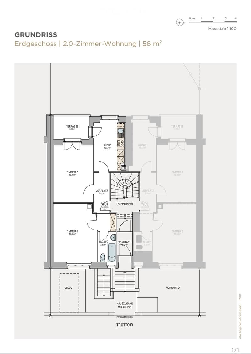 Ground floor floor plan of a 2-room apartment, 56 m², featuring two bedrooms, two bathrooms, two kitchens, two terraces, a staircase, a hallway, and a storage area.