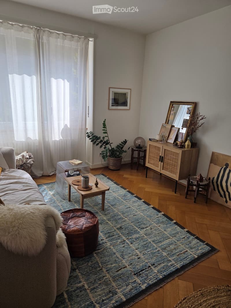 Living room with a sofa, coffee table, leather stool, cabinet, mirror, small table, plant, and picture frame. The room features a large window with sheer curtains and a blue and white patterned rug on the wooden floor.