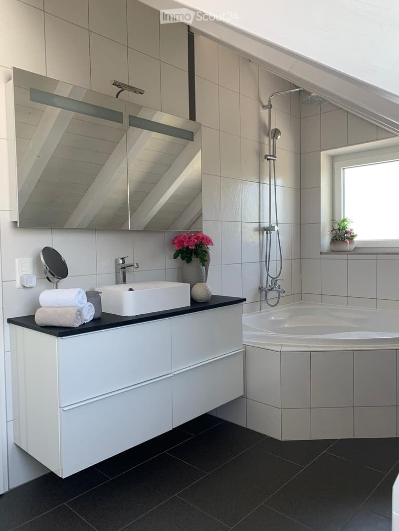 a bathroom with a tub, sink, mirror, and a shower