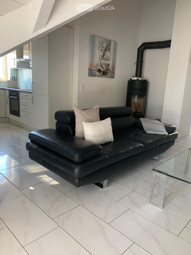 white tiles, black sofa, fireplace, glass table, wall paintings