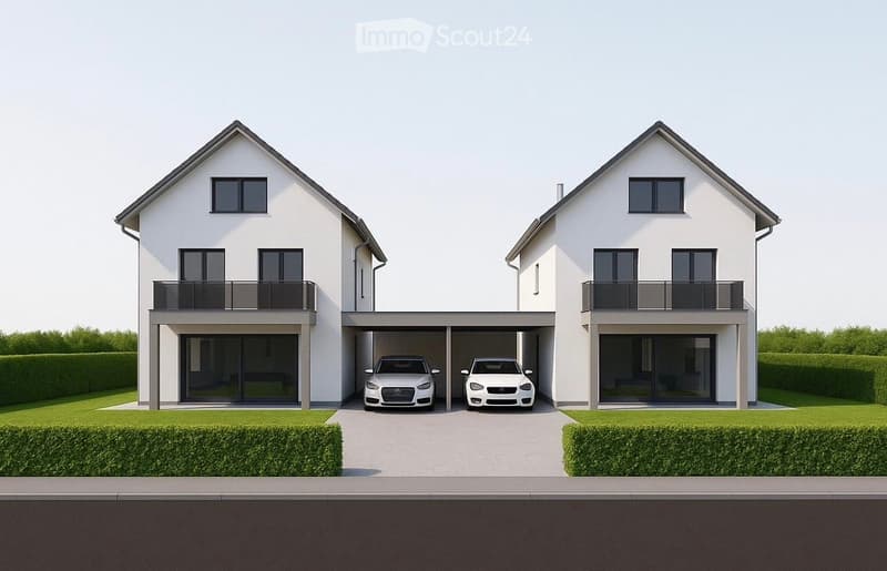 Modern two-story house with white exterior, large windows, balconies, and a two-car garage.