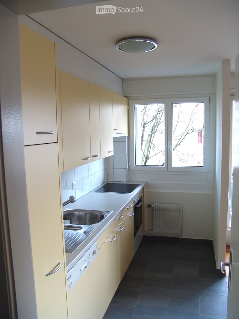 Modern kitchen with light-colored cabinets, stainless steel sink, oven, and radiator. Dark tiled floor and large windows.