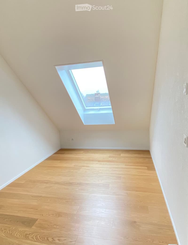 Empty attic room with wooden flooring, white walls, and a skylight window offering a view of the roof and surrounding area.