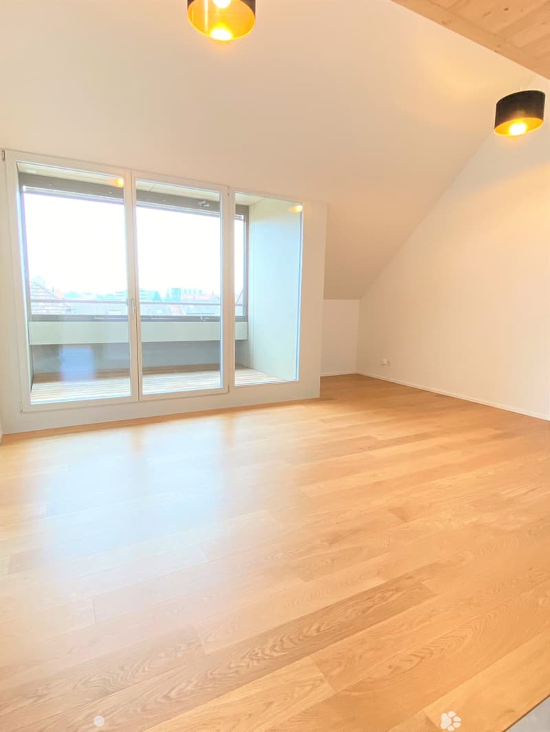 Empty room with wooden flooring, large windows, and modern lighting fixtures.