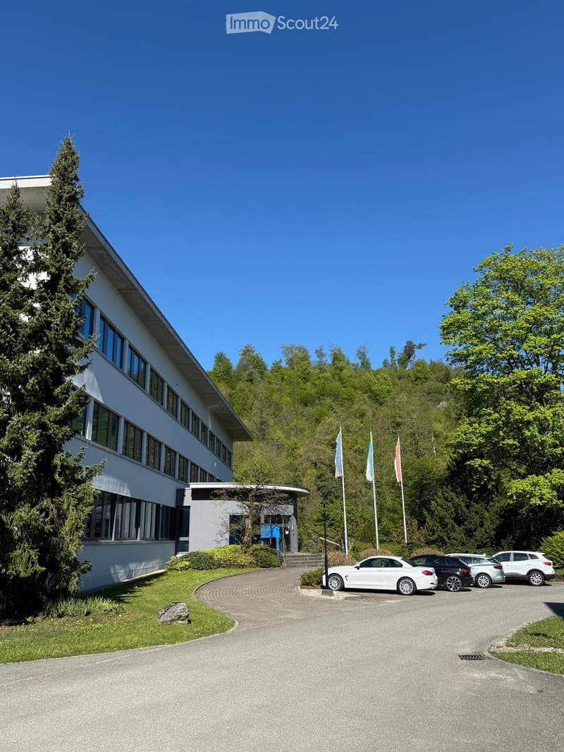Modern white building with large windows, surrounded by greenery and a parking area with several cars.