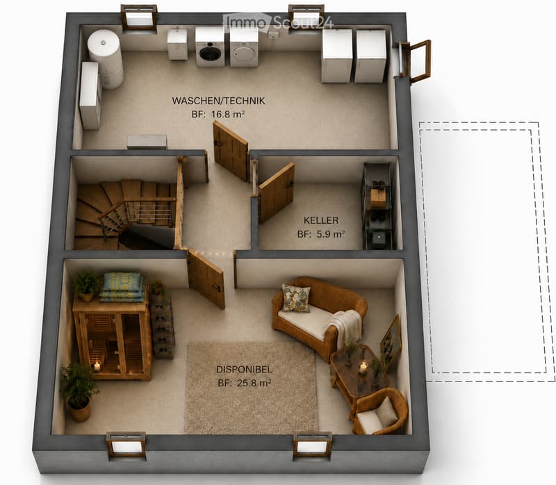 3D floor plan showing a basement level with a living area, storage, and utility space. The living area includes a sofa, coffee table, side table, and decorative items. The basement includes a staircase, storage shelves, and a utility area with washing mac
