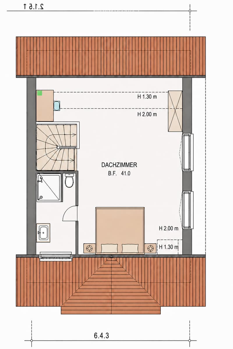 Floor plan of a compact attic room with a bed, pillows, a small bathroom area, and a wooden deck area.