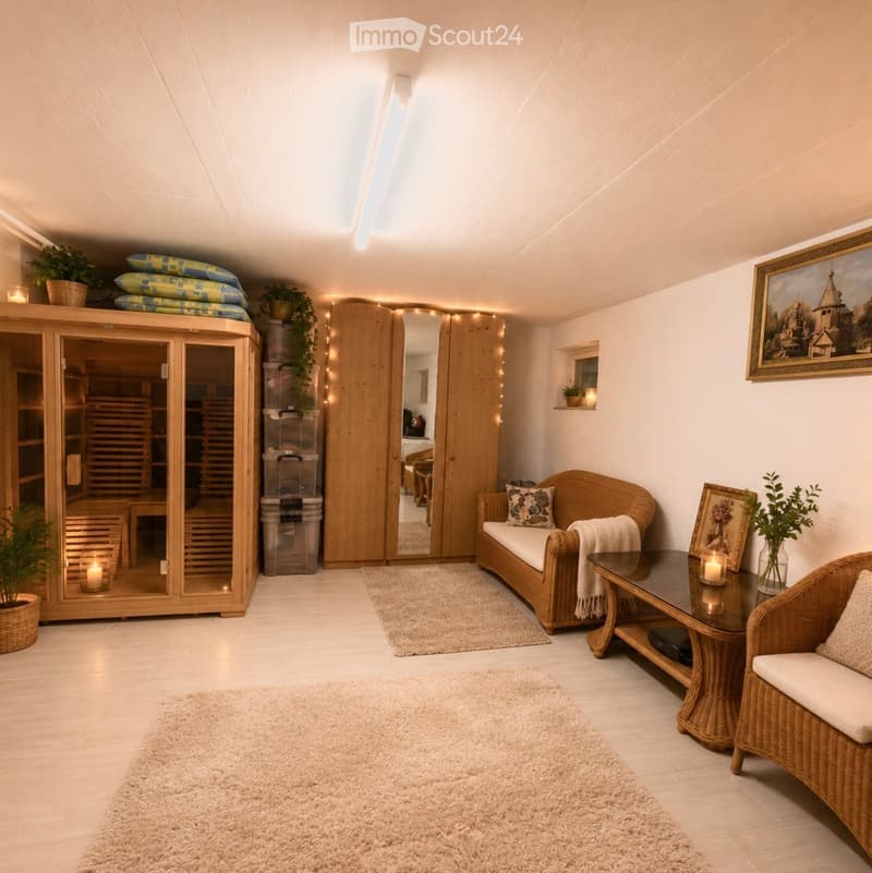 A cozy, well-lit room with a wicker sofa, coffee table, and a cabinet with a mirror. The space features a tiled floor, a plush rug, and decorative plants.