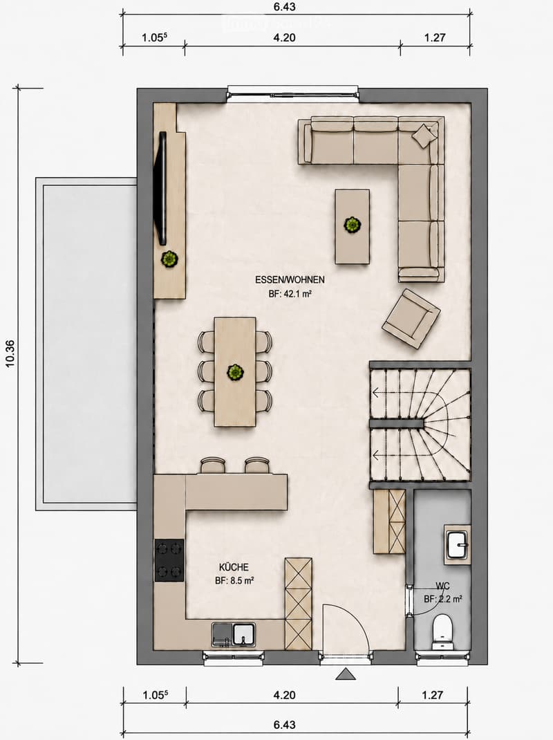 Floor plan of a 42.1 m² living/dining area, 8.5 m² kitchen, and 2.2 m² bathroom. Includes a sofa, dining table, and kitchen units.