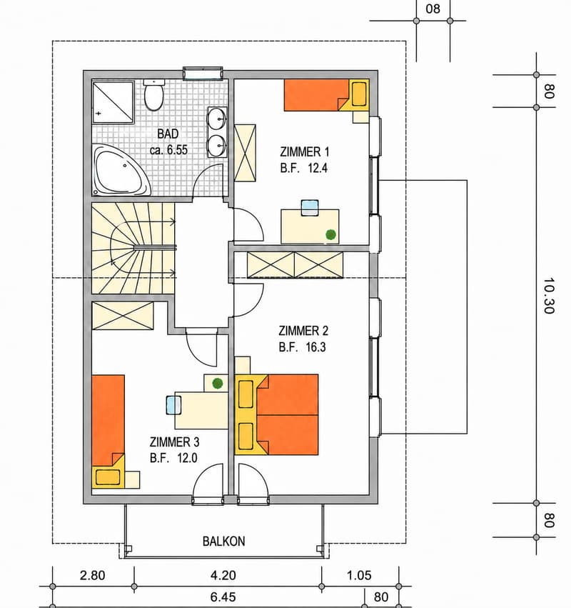 Floor plan showing a bathroom, three bedrooms, and a balcony. The bathroom includes a bathtub and toilet. Each bedroom has labeled dimensions.
