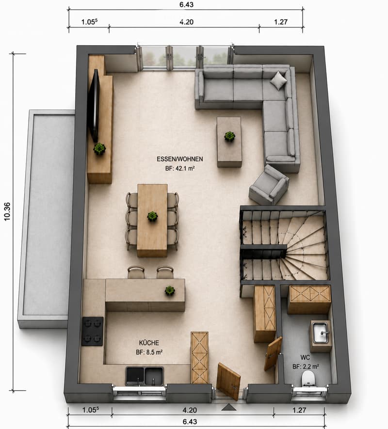 Floor plan of a modern apartment with a living/dining area, kitchen, and bathroom. Includes a sectional sofa, dining table with chairs, TV stand, and kitchen counter.