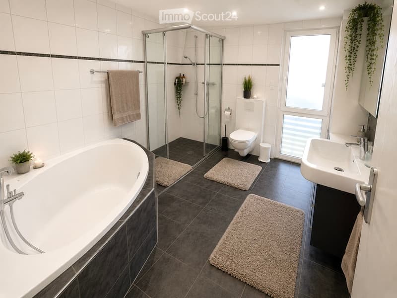 Modern bathroom with a bathtub, toilet, sink, and walk-in shower. Features tiled walls, dark grey tiles on the floor, and a large window with blinds.