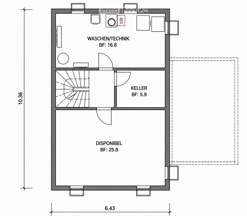 Floor plan showing a basement area with labeled sections: Waschen/Technik, Keller, and Disponibel, with dimensions provided.