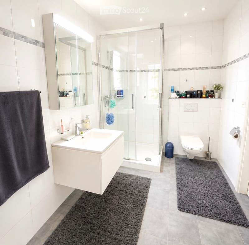 Modern bathroom with white tiles, a large sink with a mirror, a glass-enclosed shower, a toilet, and a towel on the wall. There are two grey bath mats on the floor and a small plant on the shelf.