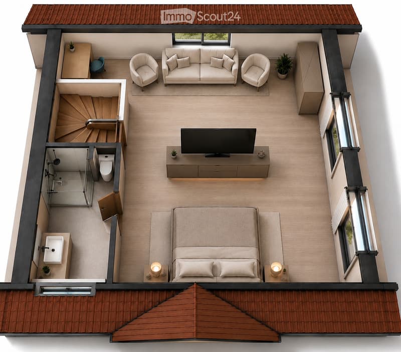 Top-down floor plan of a modern, compact apartment featuring a living area with a sofa, armchairs, coffee table, TV, and side tables. Includes a bedroom with a bed, nightstands, and lamps, a bathroom with a toilet, sink, and shower, and a small entryway w