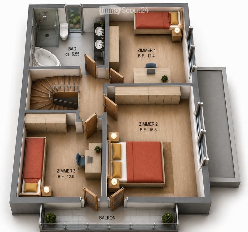 3D floor plan of a modern apartment with three bedrooms, a bathroom, a balcony, and a staircase leading to an upper level.