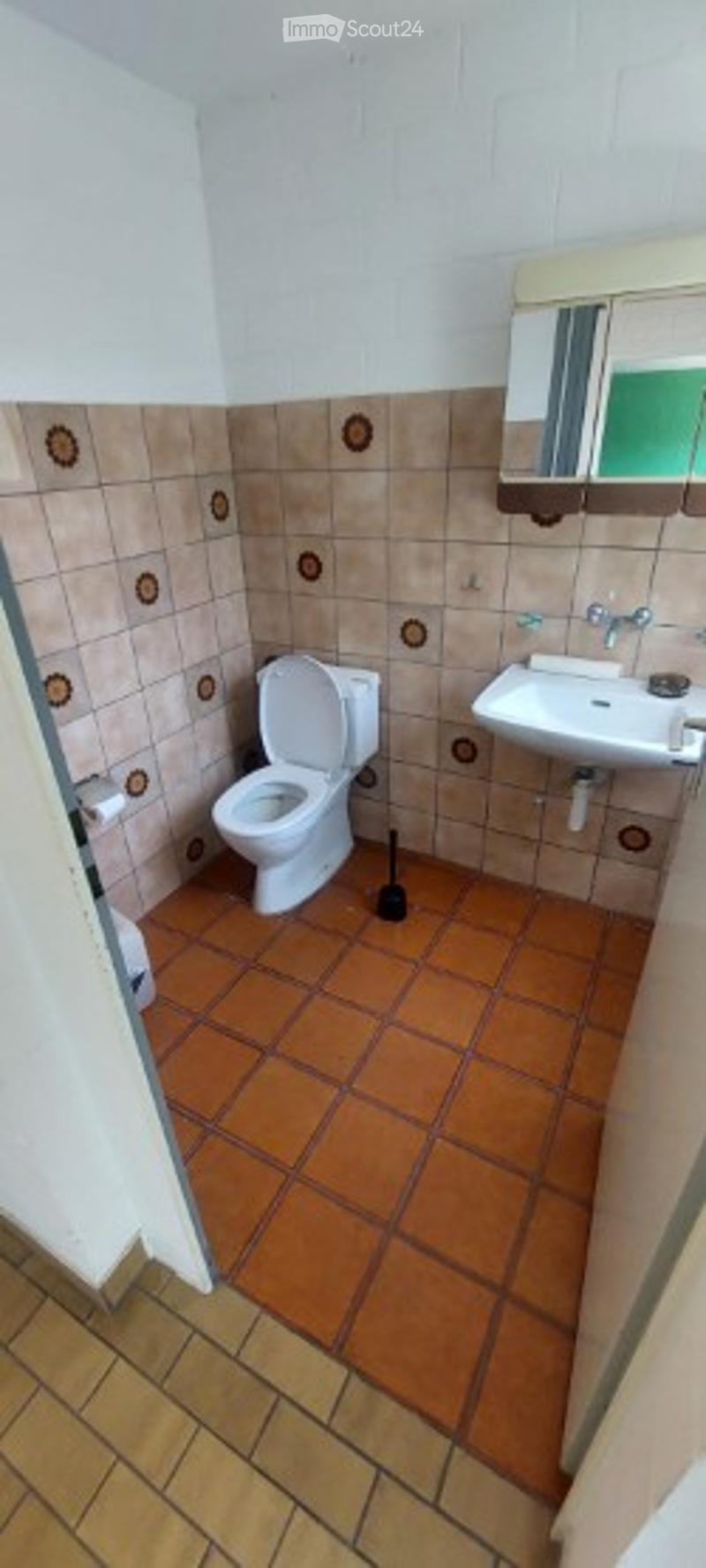 Bathroom with beige tiled walls, orange tiled floor, toilet, sink, and mirror.