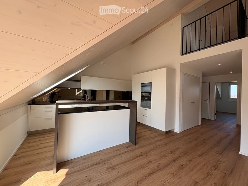Modern kitchen with white cabinets, dark countertop, and built-in appliances, featuring wooden flooring and ample natural light from skylight.