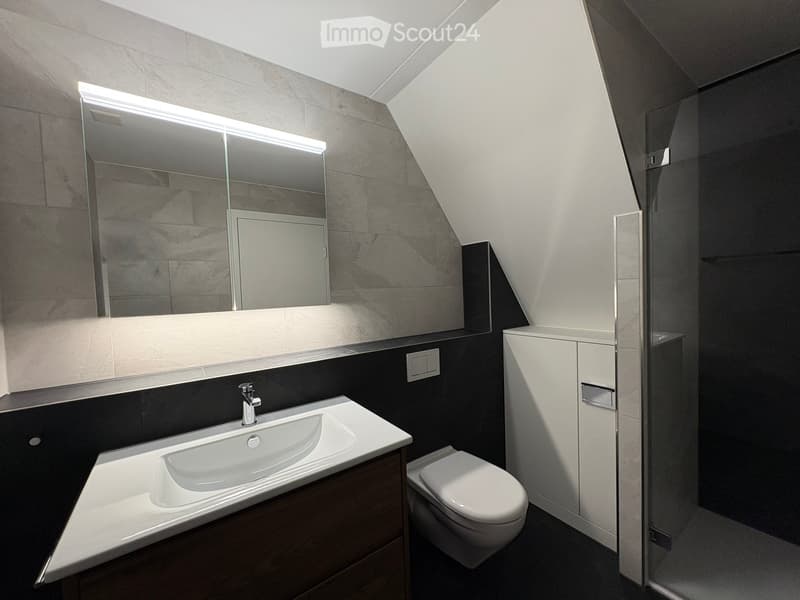 Modern bathroom with a white sink, chrome faucet, large mirror with built-in lighting, toilet, and a glass-enclosed shower area.