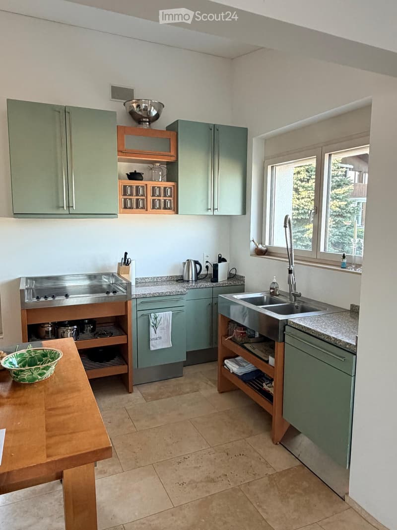 Modern kitchen with green cabinets, granite countertops, stainless steel sink, and wooden table.