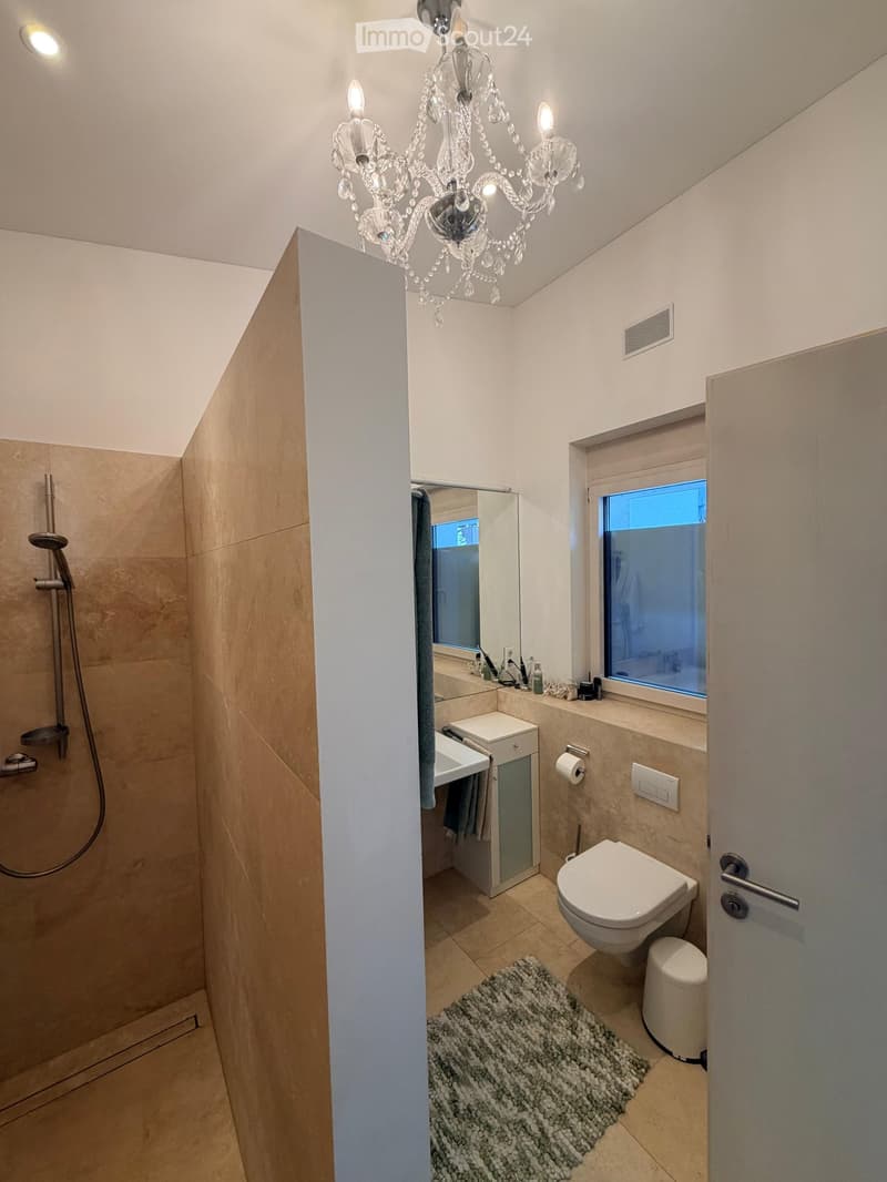 Modern bathroom with a toilet, sink, mirror, shower, chandelier, and a small rug on the floor.