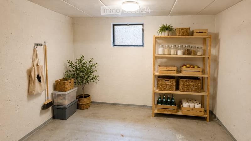 A small, organized storage area with a wooden shelf holding jars, wicker baskets, and wooden crates. A potted plant sits on the floor, and a broom and handbag hang on the wall. The space has a concrete floor and a small window.
