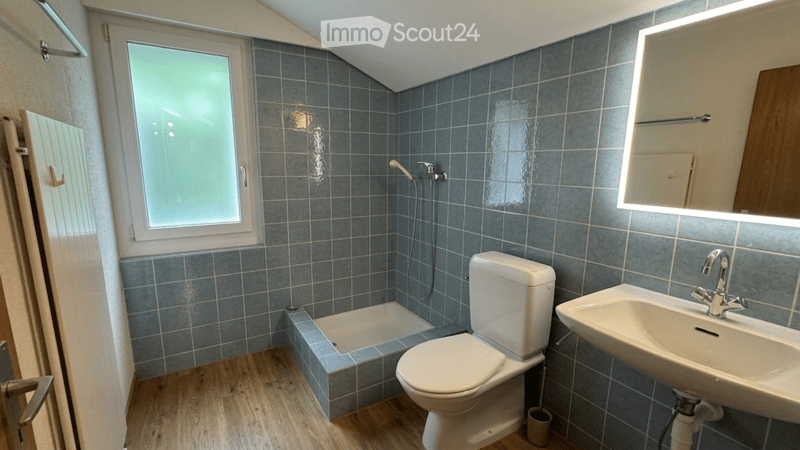 Modern bathroom with blue tiled walls, wooden flooring, a toilet, sink, bathtub, and a large mirror with built-in lighting.