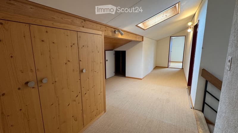 Empty hallway with wooden walls, carpeted floor, and built-in wooden storage unit on one side. Natural light from skylights illuminates the space.