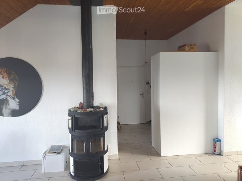 Modern hallway with a wood-burning stove, white walls, tiled floor, and a circular artwork on the wall.