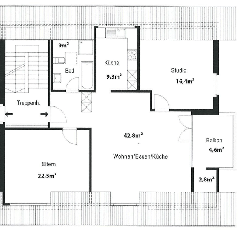 Floor plan of a 2-room apartment with a living/dining/kitchen area, bedroom, studio, kitchen, bathroom, and balcony.