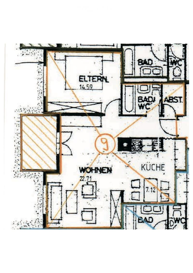 Floor plan showing a living area, kitchen, bedroom, and bathrooms with labeled dimensions.