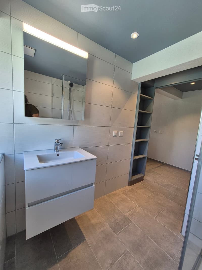 Modern bathroom with a white sink, large mirror, built-in cabinet, and open shelving unit. Light grey tiles and warm-toned flooring.