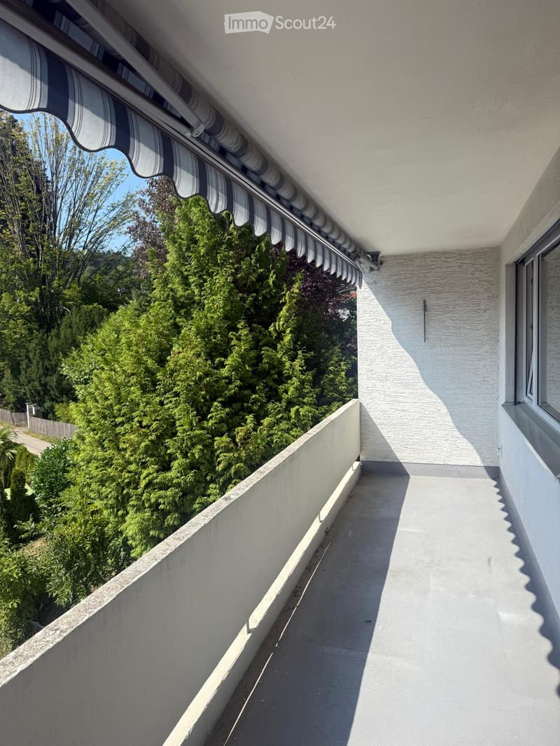 Balcony with a white awning, low concrete railing, and a view of green trees and a pathway.