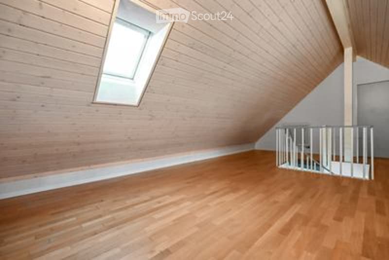 Empty attic room with wooden walls and floor, skylight window, and metal safety railing.