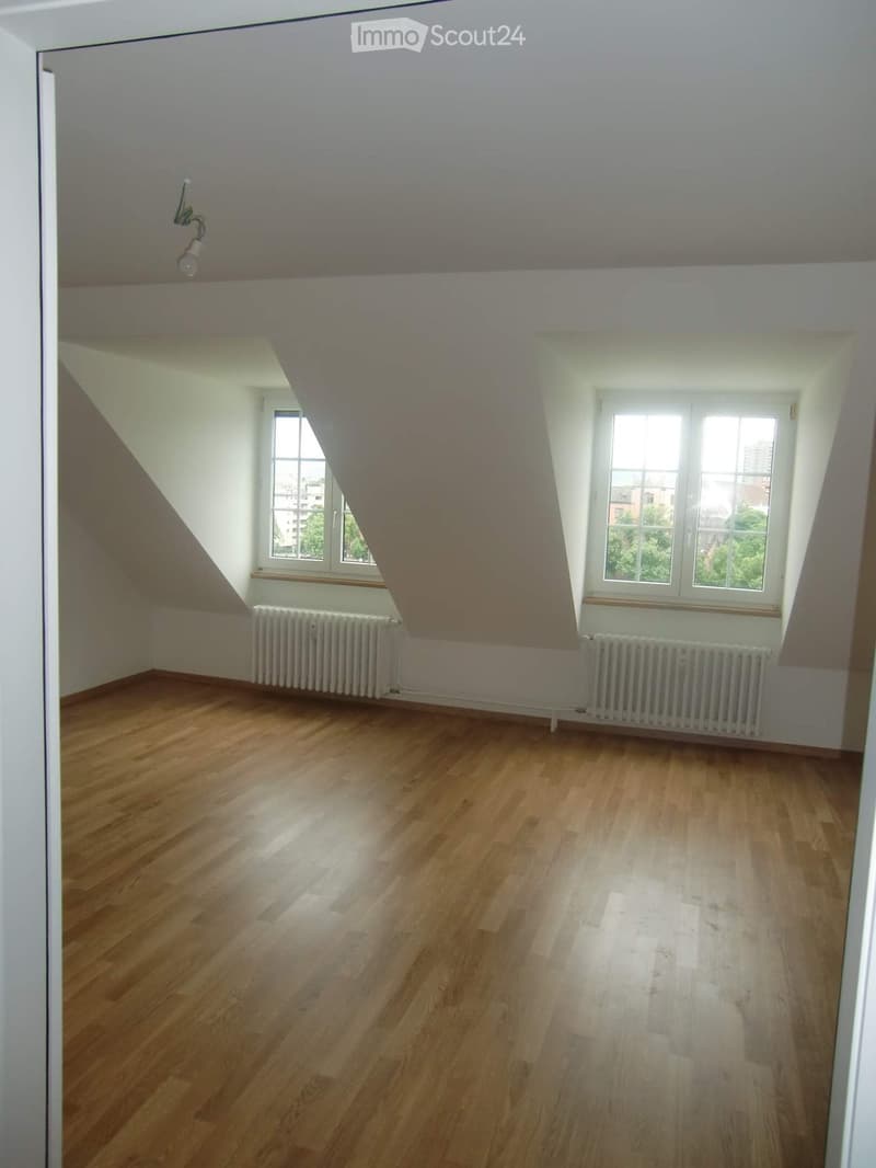 Empty attic room with wooden flooring, white walls, and two windows letting in natural light. Radiators are present along the walls, and the ceiling has a sloped design typical of attic spaces.