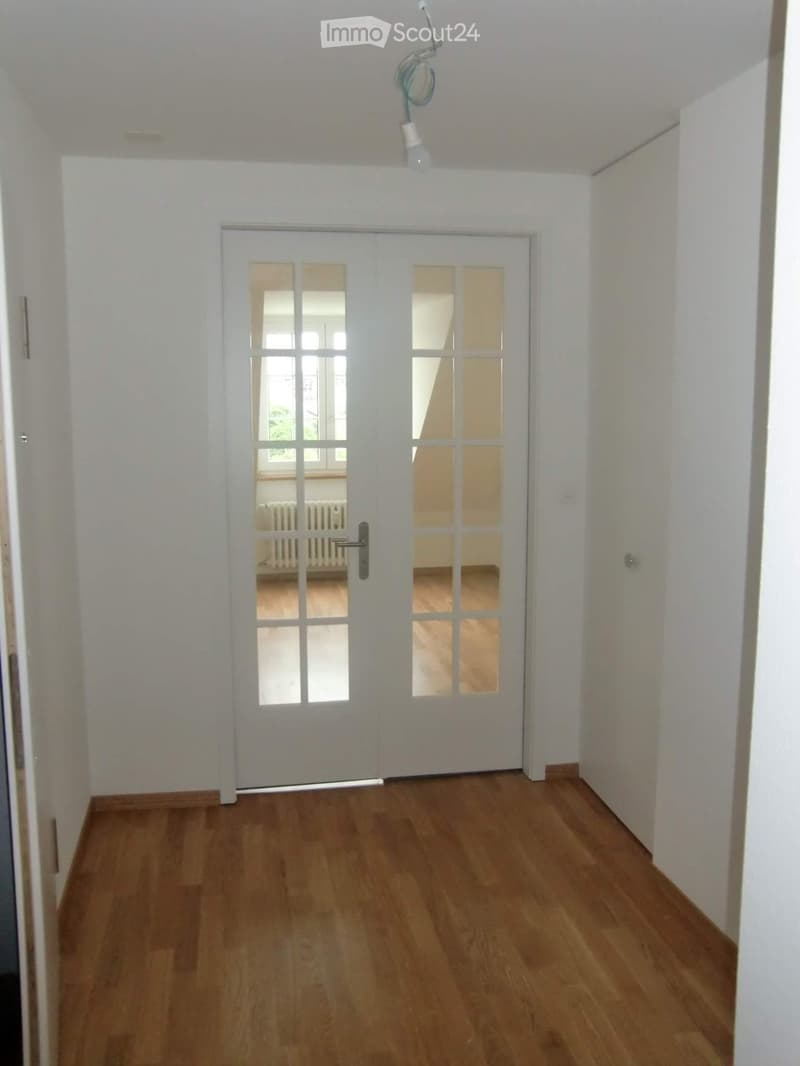 Empty hallway with wooden flooring, white walls, and a double door with glass panels leading to another room.