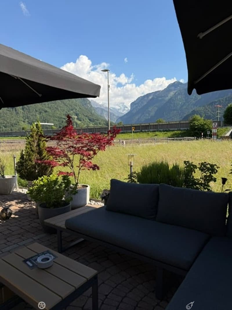 Outdoor seating area with a grey sofa, wooden coffee table, and several potted plants, overlooking a scenic mountain view.