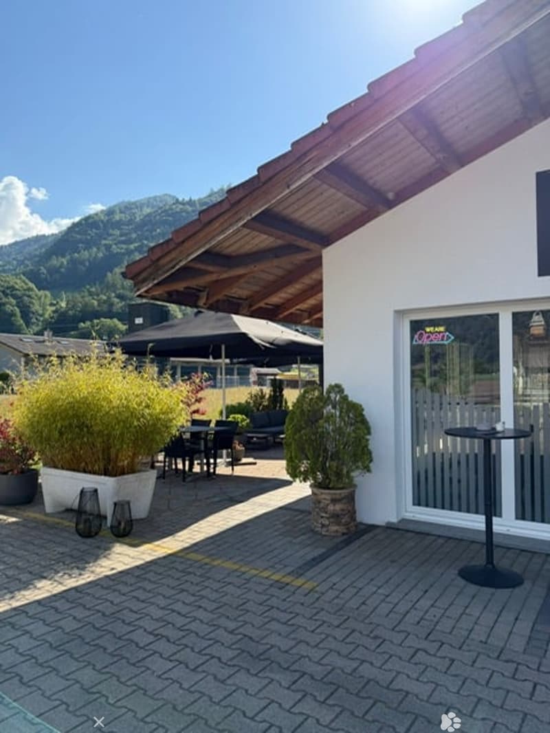 Outdoor patio area with a brick floor, large umbrella, dining table and chairs, potted plants, and a scenic mountain view in the background.