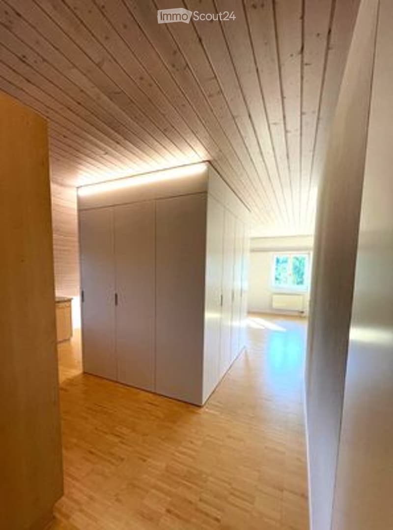 Bright, minimalist room with light wood flooring and white walls, featuring built-in cabinetry and recessed lighting.
