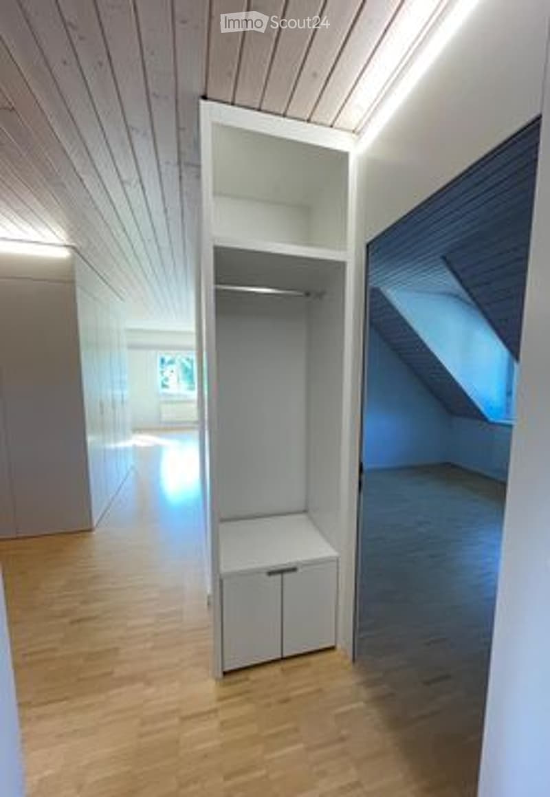 Empty room with wooden flooring, white built-in closet, and slanted ceiling with skylight. No furniture or personal items visible.