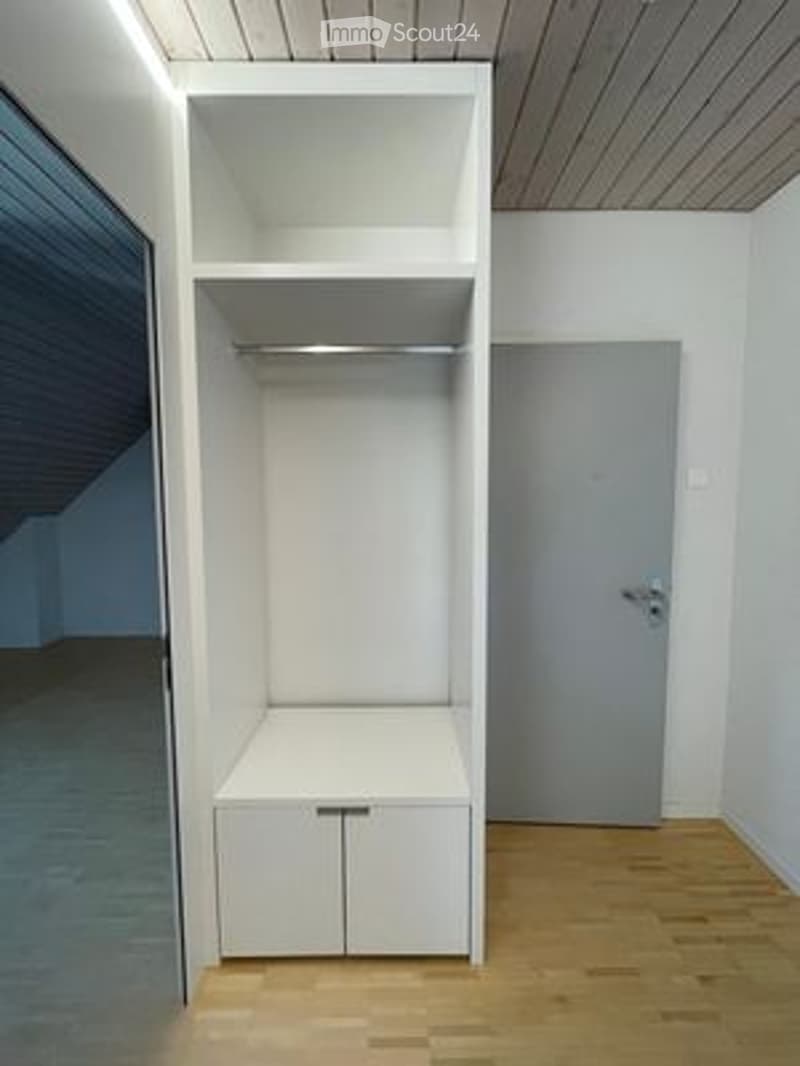Empty room with white built-in closet, wooden floor, grey door, and white walls.