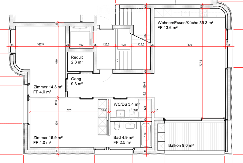 Floor plan showing a living/dining/kitchen area (35.3 m²), hallway (9.3 m²), two bedrooms (14.3 m² and 16.9 m²), bathroom (4.9 m²), WC/shower (3.4 m²), and a balcony (9.0 m²).