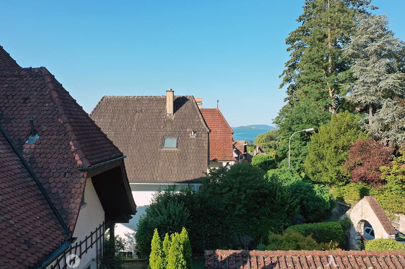 View of a residential area with red-tiled roofs, chimneys, and lush greenery, overlooking a body of water in the distance.
