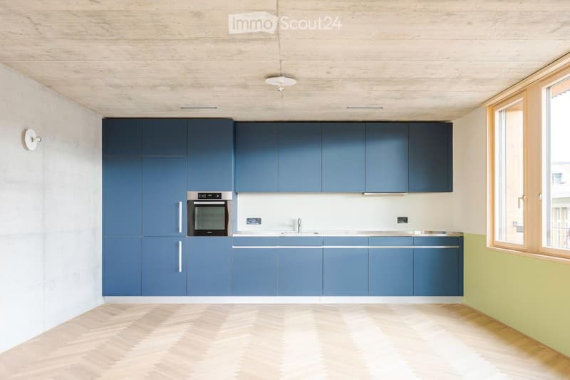 Modern kitchen with blue cabinets, stainless steel oven, and wooden flooring.