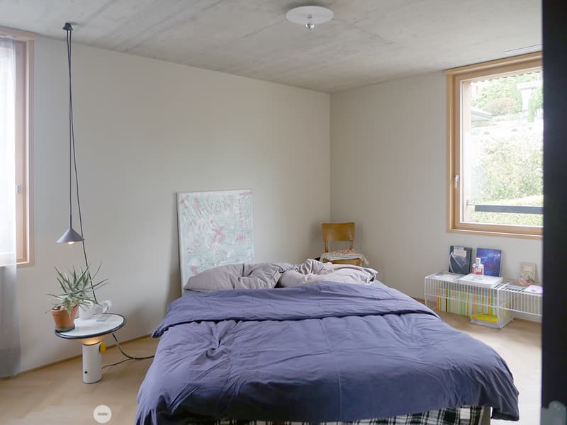 Modern bedroom with a large bed, purple duvet, wooden floor, pendant light, small table with plant, and bookshelf with books and decorative items.